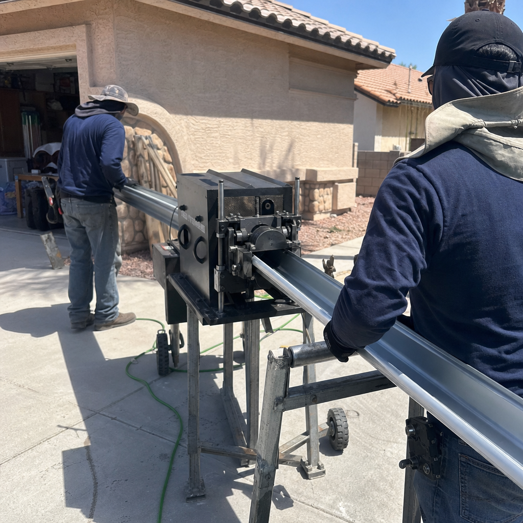 Roofers fabricate gutters with a machine outdoors