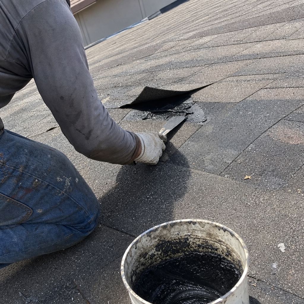 Roofer applying sealant to repair shingles