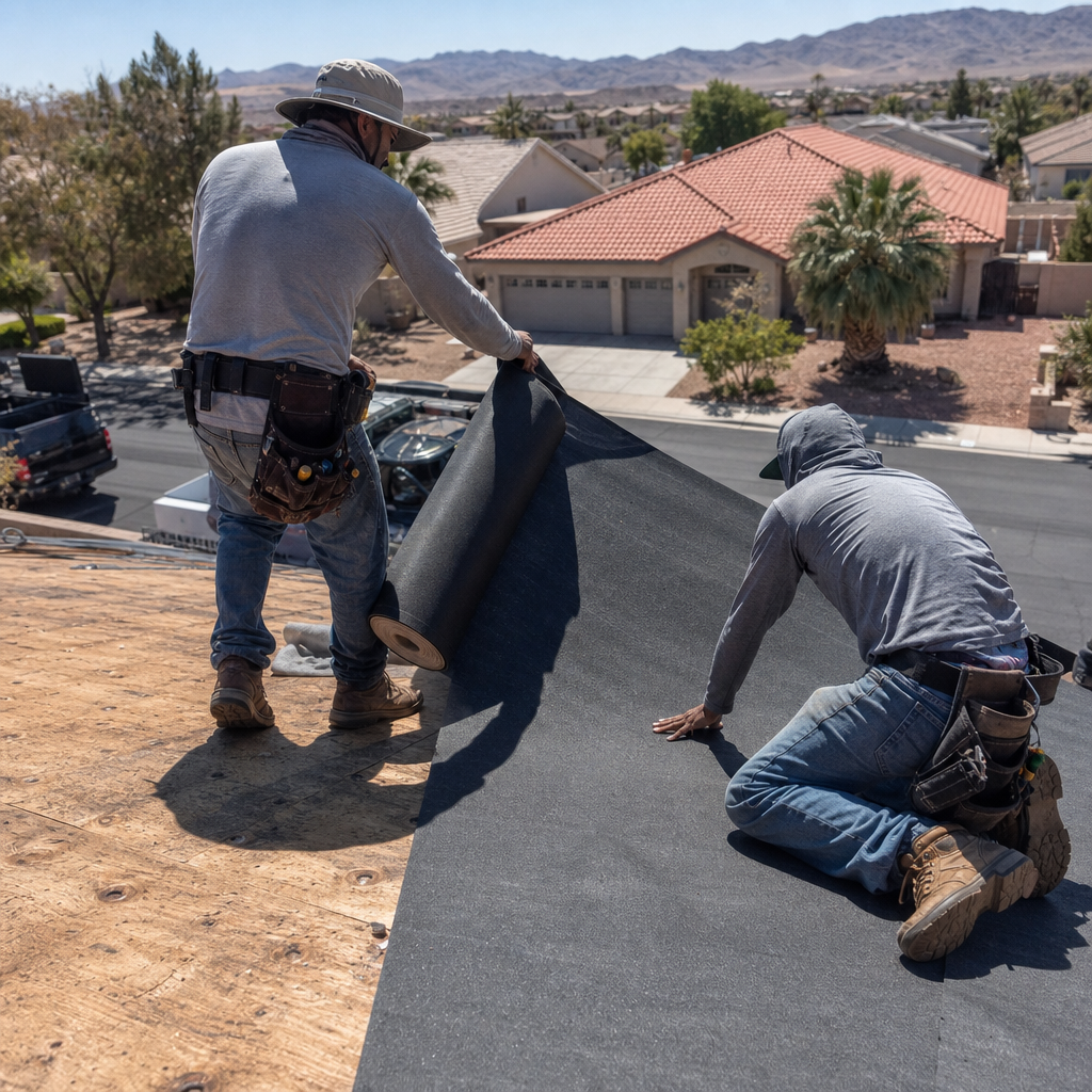 Roofers installing roofing material for roof replacement and installation