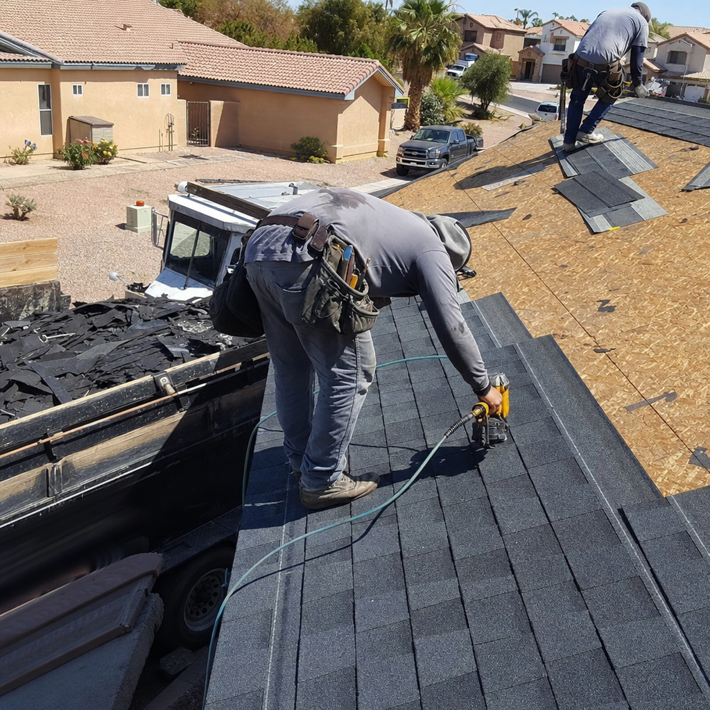 Roofer installing shingles with a nail gun on a roof replacement job.