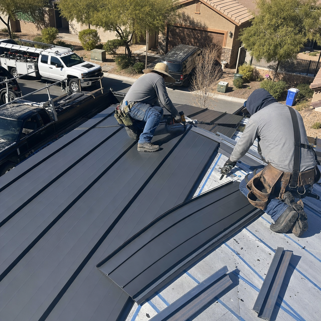 Roofers installing metal roofing panels on a house.