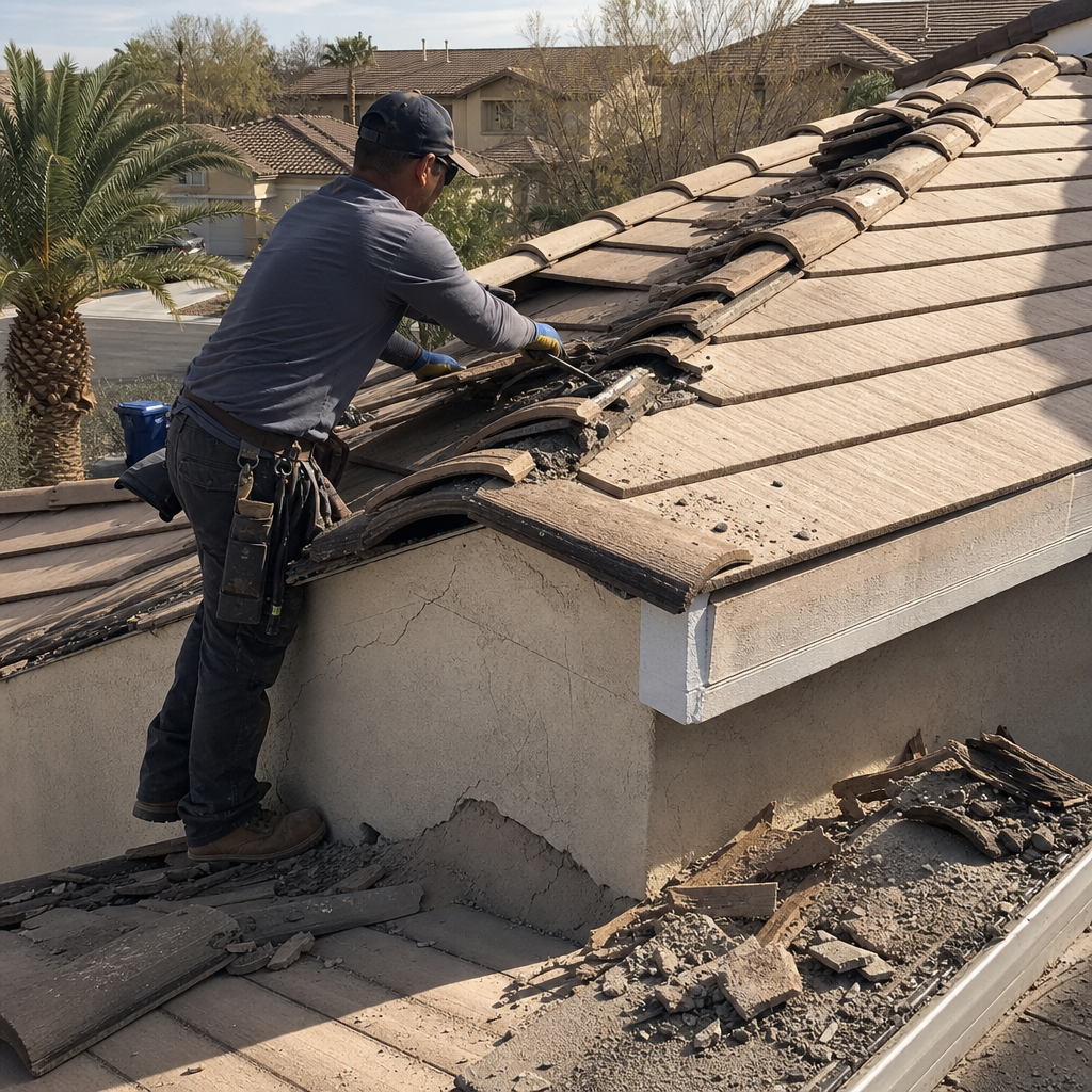 Roofer performing emergency storm damage repair on a tile roof. in Las Vegas, NV