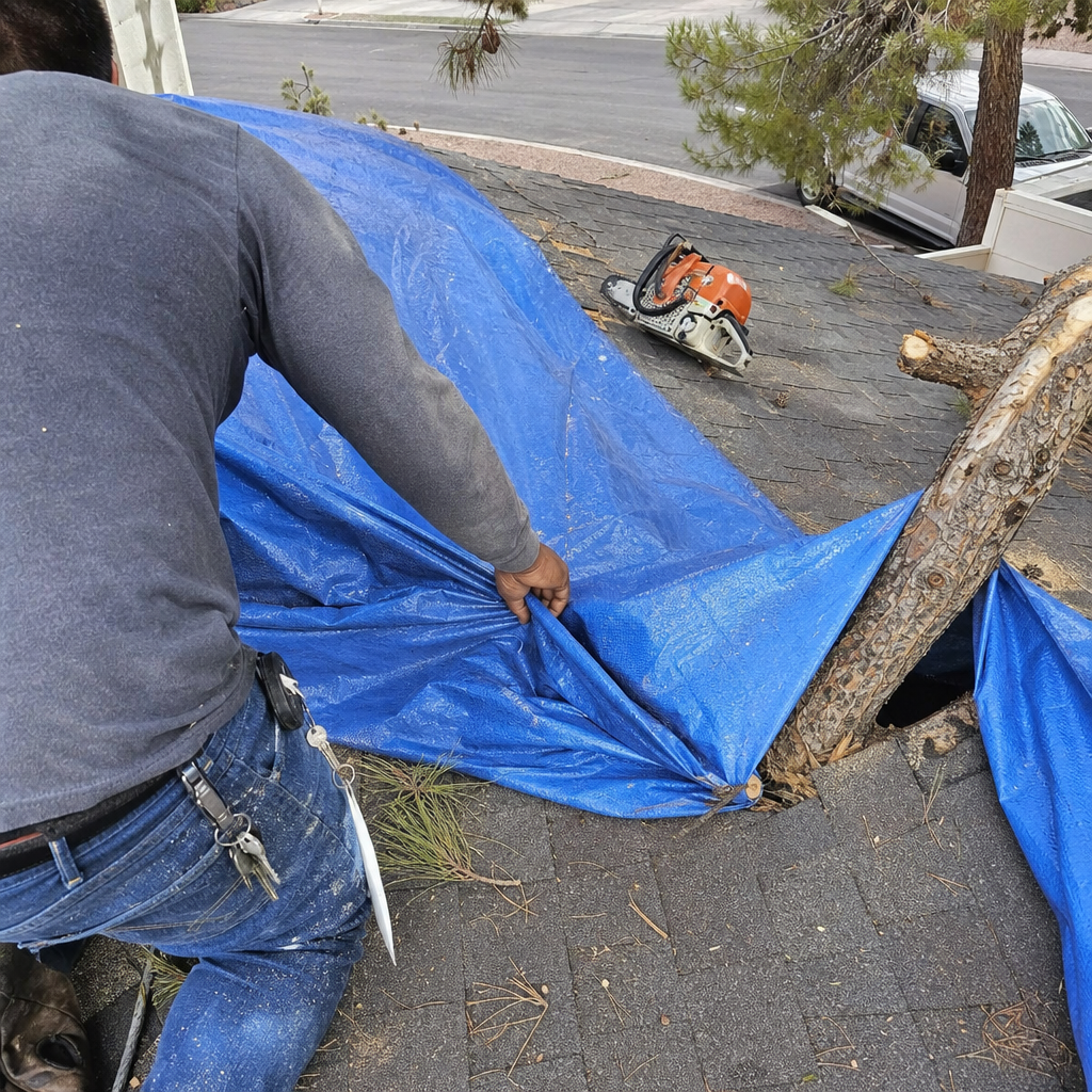 Roofer using blue tarp for storm damage protection on a roof. in Las Vegas, NV
