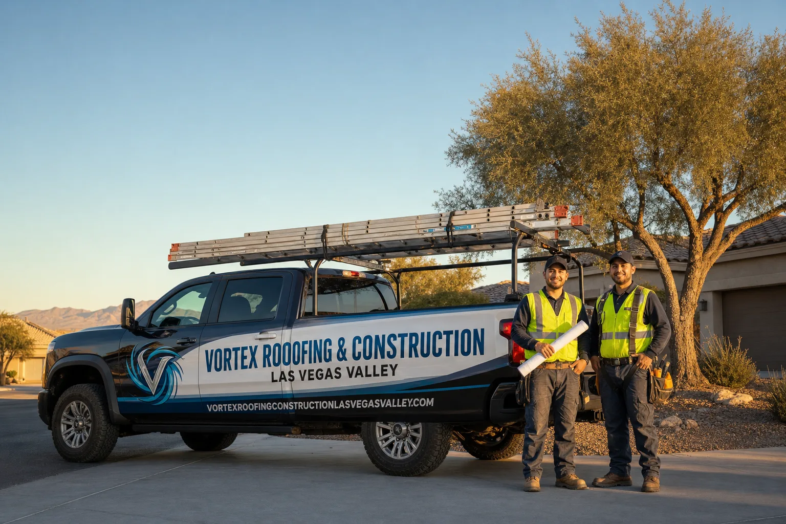 Vortex Roofing & Construction Las Vegas Valley service vehicle and crew in Las Vegas, NV